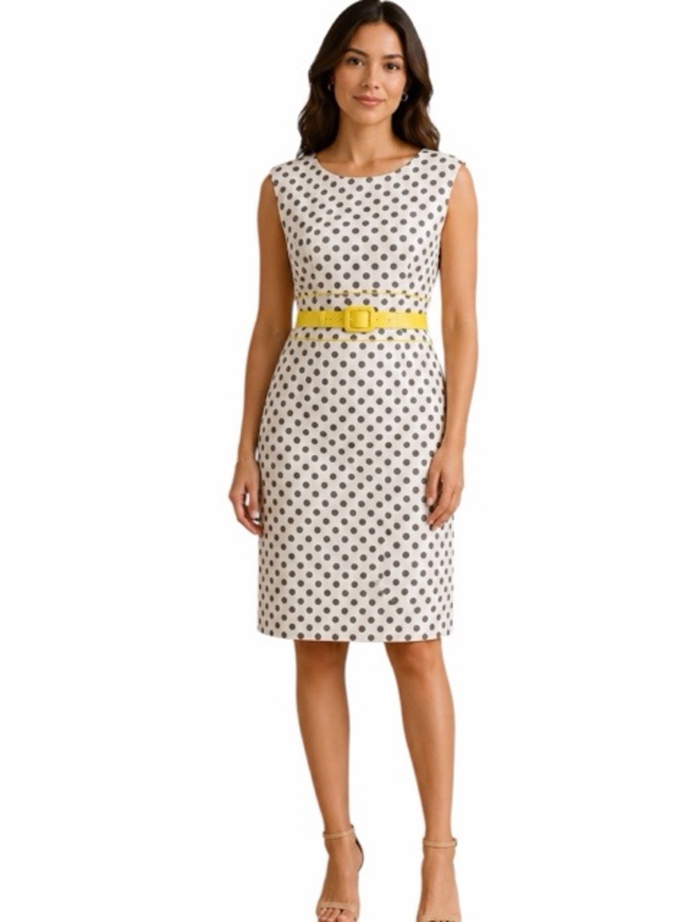 Tahari Arthur S. Levine Polka Dot Yellow Trim Belted Dress
